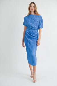 Cynthia | Blue | One shoulder pleated midi dress