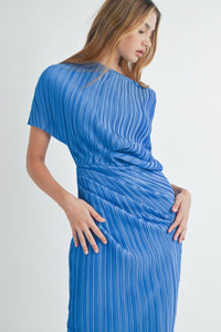 Cynthia | Blue | One shoulder pleated midi dress