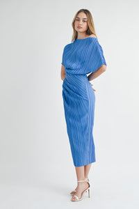 Cynthia | Blue | One shoulder pleated midi dress