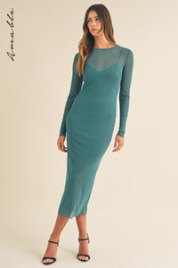 Juliet | Teal Rhinestone Mesh Long Sleeve Maxi Dress