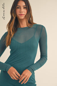 Juliet | Teal Rhinestone Mesh Long Sleeve Maxi Dress