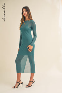 Juliet | Teal Rhinestone Mesh Long Sleeve Maxi Dress