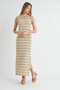 Maggie | Taupe Sleeveless Striped Sweater Dress