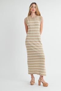 Maggie | Taupe Sleeveless Striped Sweater Dress