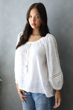 Load image into Gallery viewer, Tops Long Sleeve Eyelet Tie-Neck Blouse
