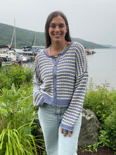 Load image into Gallery viewer, Sweater Scarlett | Dusty Blue Textured Stripe Crochet Knit Button Down Cardigan
