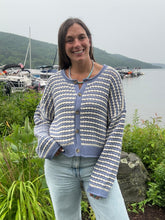 Load image into Gallery viewer, Sweater Scarlett | Dusty Blue Textured Stripe Crochet Knit Button Down Cardigan
