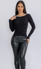 Load image into Gallery viewer, Tops Mesha | Pearl trim black long sleeve
