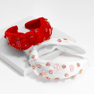 Velour Heart Rhinestone Headband | White